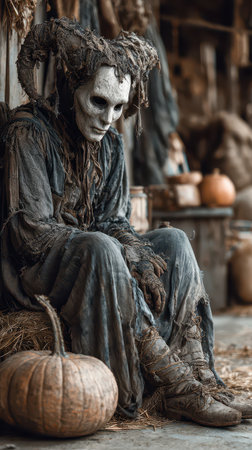 A haunting figure dressed in tattered clothing sits on hay surrounded by pumpkins. The scene captures the eerie essence of fall and Halloween.の素材
