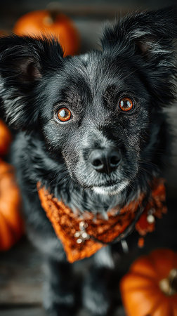 A cheerful black dog wearing an orange scarf poses among bright orange pumpkins capturing the spirit of Halloween with a playful charm.の素材