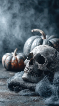 A detailed skull rests on dark fabric near spooky pumpkins all enveloped in mist. The atmosphere is eerie and perfect for Halloween celebrations.の素材
