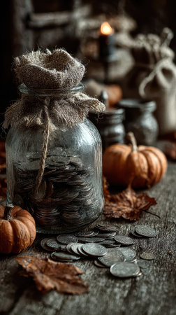 Cozy fall scene featuring glass jars filled with coins small pumpkins and fallen leaves creating an inviting autumn atmosphere.の素材