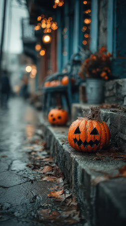 Drenched in rain glowing jack o lanterns decorate a cozy street. A festive atmosphere fills the air as fall leaves scatter around.の素材
