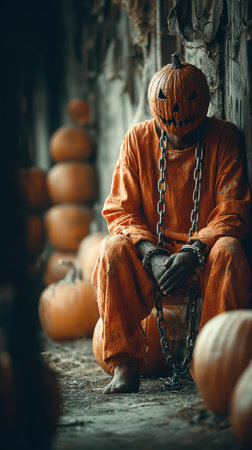 A haunting figure in an orange outfit sits chained among pumpkins creating a chilling atmosphere perfect for Halloween celebrations.の素材
