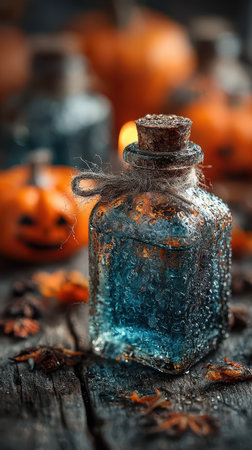 A mystical blue potion bottle sits on a wooden table surrounded by decorative pumpkins and autumn leaves creating a spooky Halloween scene.の素材