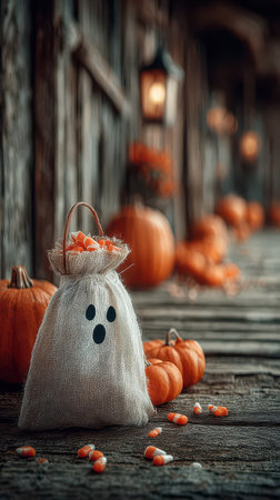 A burlap sack of candy rests on a rustic path surrounded by bright pumpkins and glowing lanterns setting a festive Halloween mood.の素材