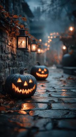 Dark cobblestone path lined with lanterns and carved pumpkins creating a festive Halloween atmosphere on a chilly autumn evening.の素材