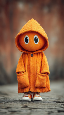 A charming orange character in a cozy hooded cloak stands on a cobblestone street embodying the spirit of Halloween festivities.の素材