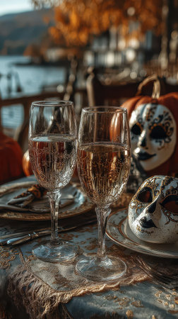 A beautiful Halloween table setting features two sparkling glasses with a backdrop of pumpkins and an artistic mask reflecting the seasons spirit.の素材