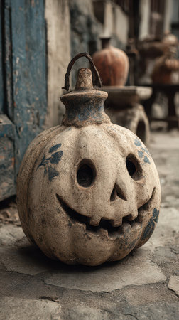 A lovely old pumpkin with a wide grin sits outdoors surrounded by rustic decor capturing the spirit of Halloween in a cozy setting.の素材
