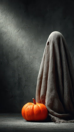 A mysterious ghost figure draped in a blanket stands beside a bright orange pumpkin creating an eerie atmosphere perfect for Halloween.の素材