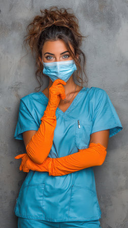 A healthcare worker dressed in vibrant orange gloves and a mask poses with a thoughtful expression.の素材