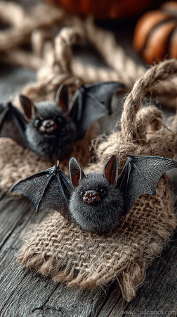 Adorable felt bats rest on burlap tags creating a cozy Halloween vibe. The rustic wooden table and autumn decor set a festive scene.の素材
