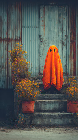 On a spooky Halloween night a playful orange ghost stands still on old stone steps surrounded by vibrant yellow flowers creating a charming scene.の素材