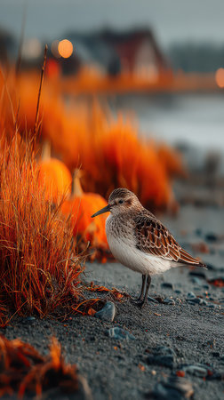 A small bird stands on the sandy beach amidst vibrant orange pumpkins and golden grasses capturing the essence of Halloween in a tranquil setting.の素材