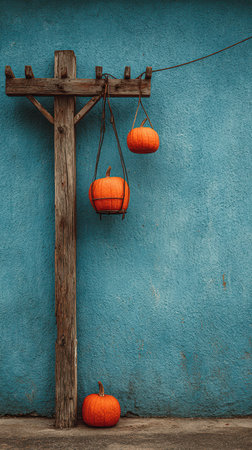 Vibrant orange pumpkins are suspended on a rustic wooden post contrasting beautifully with the bright blue wall behind them.の素材