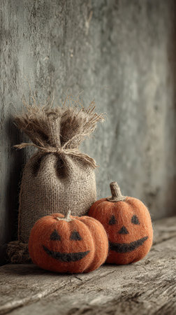 Two felt pumpkins with cheerful faces sit next to a burlap bag on a rustic wooden surface capturing the cozy spirit of Halloween festivities.の素材