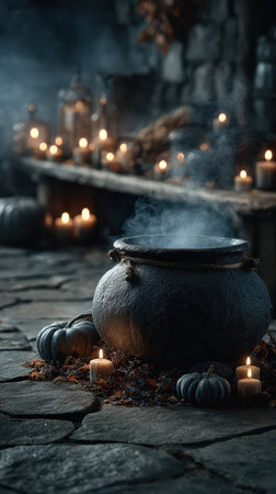 A dark room filled with candles and autumn decorations sets an eerie scene. A bubbling cauldron releases wisps of steam and smoke.の素材