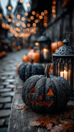 A cobblestone path lined with carved pumpkins glows warmly under string lights creating a magical Halloween atmosphere in the evening.の素材
