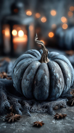 A stunning blue pumpkin rests on a textured surface surrounded by flickering candles. Halloween decorations create a cozy spooky atmosphere.の素材