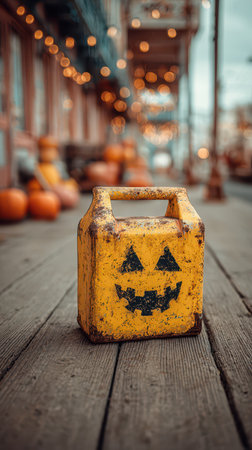 A cheerful yellow pumpkin container stands on a wooden walkway.の素材