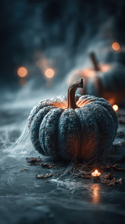 A dark scene filled with glowing pumpkins soft lights and cobwebs creating a mysterious Halloween atmosphere as autumn leaves scatter nearby.の素材