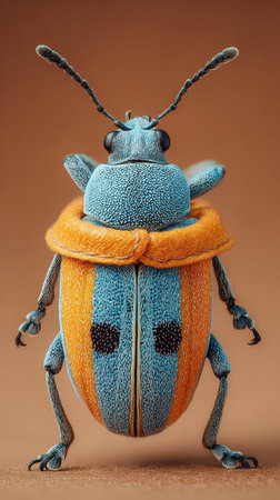 A playful beetle wears a vibrant orange and blue costume for Halloween. Its bright colors and unique outfit create a whimsical atmosphere.の素材