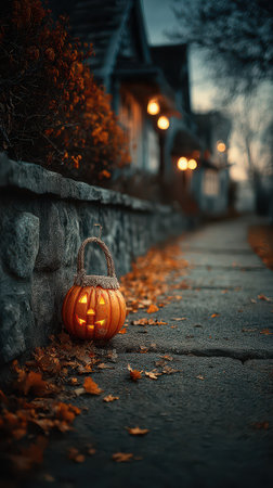 A carved pumpkin glows softly on a stone path lined with autumn leaves surrounded by a quaint neighborhood at dusk welcoming the Halloween season.の素材