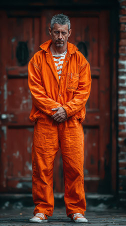 A somber man stands alone in an orange jumpsuit surrounded by shadows hinting at a spooky Halloween atmosphere.の素材