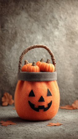 A cheerful orange pumpkin basket sits on a textured surface adorned with small pumpkins inside and leaves scattered around.の素材