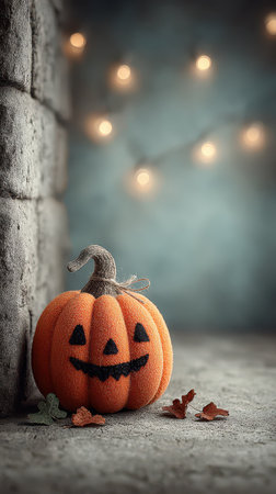 A cheerful pumpkin with a smile rests on a textured backdrop surrounded by leaves and soft glowing lights for a festive vibe.の素材