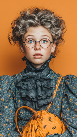 A child in a vintage Halloween costume with curly hair and glasses poses with an orange pumpkin bag against an orange backdrop.の素材