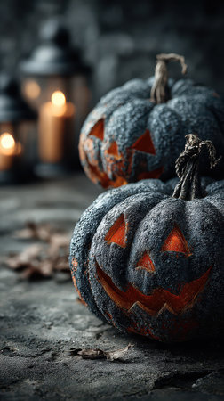 Two carved pumpkins with spooky faces glow softly against a dark backdrop surrounded by flickering lanterns and fallen leaves for Halloween.の素材