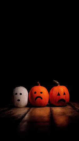 Three unique Halloween decorations showcase a ghostly figure and two carved pumpkins with sad expressions against a dark background.の素材