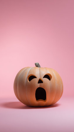 A carved pumpkin displaying a scared face sits against a pink background. It captures the spirit of Halloween with a fun playful twist.の素材