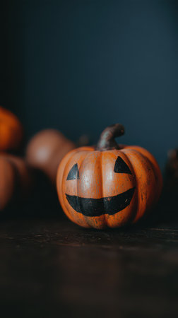 A bright orange pumpkin with a cheerful carved face sits on a dark wooden surface.の素材