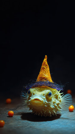 A quirky fish wears a witch hat while surrounded by small orange pumpkins capturing the playful spirit of Halloween.の素材