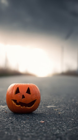 A carved pumpkin with a smiling face rests on an empty road surrounded by a moody twilight sky. Halloween vibes fill the air.の素材