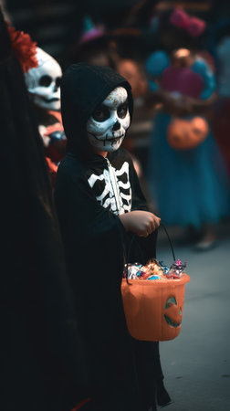 Children dressed in vibrant costumes gather happily to collect candy during a fun Halloween evening filled with joy and excitement.の素材
