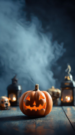 A carved pumpkin with a spooky face glows softly among lanterns and mist capturing the spirit of Halloween at dusk.の素材