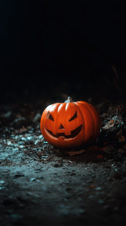 A spooky Halloween pumpkin sits quietly on the ground its carved grin reflecting the moonlight and creating an eerie ambiance.の素材