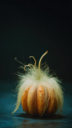 A unique pumpkin featuring soft white fluffy hair sits on a dark surface capturing the playful spirit of Halloween festivities and decor.の素材