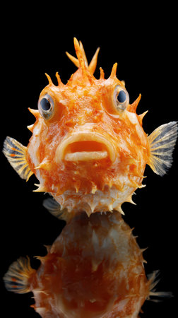 A unique fish with orange spines and wide eyes stares curiously perfect for Halloween themes at an underwater event or exhibit.の素材