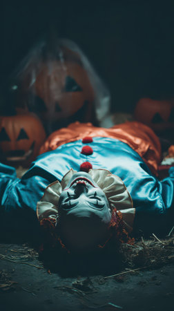 A spooky clown in bright blue and orange lies on the ground surrounded by glowing pumpkins creating a chilling Halloween atmosphere.の素材