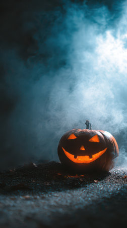 A carved pumpkin with a mischievous grin sits on the ground illuminated by an orange glow. A foggy Halloween night adds to the eerie atmosphere.の素材