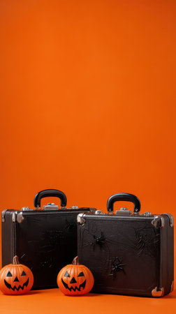 Two black cases sit on an orange background surrounded by jack o lanterns creating an eerie Halloween atmosphere for festive activities.の素材