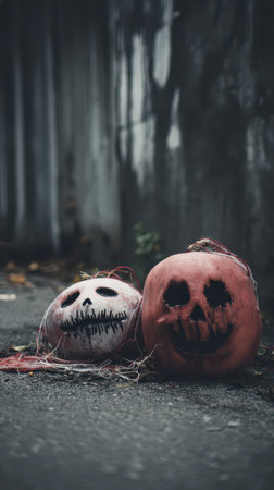 Two eerie pumpkins with haunting faces sit on a gritty street surrounded by shadows.の素材