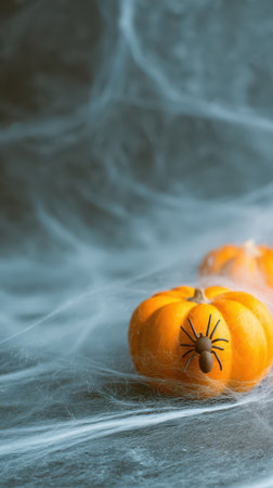 Small orange pumpkins rest on a dark surface adorned with spider decorations and surrounded by flowing cobwebs perfect for Halloween.の素材