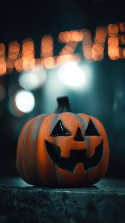 A carved pumpkin with a cheerful face sits atop a surface illuminated by festive lights in the background capturing the Halloween spirit.の素材