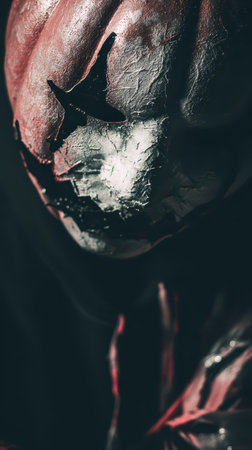 A spooky figure wears a sinister pumpkin mask blending shadows and eerie vibes at a Halloween celebration in a dimly lit space.の素材