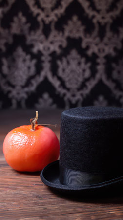 A black felt hat rests on a wooden table beside a bright orange apple evoking the spirit of Halloween festivities in a cozy setting.の素材