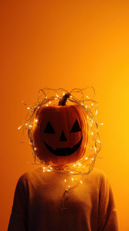 A person stands against a vibrant orange backdrop wearing a pumpkin head. Sparkling lights surround the pumpkin creating a festive Halloween mood.の素材